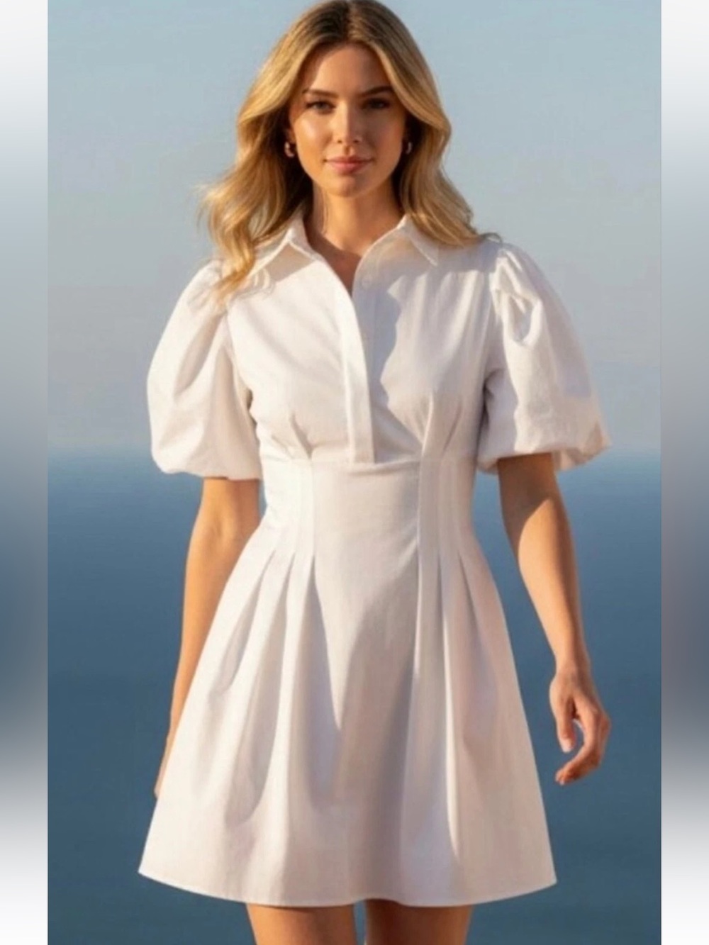 NWT Tuckernuck Mini Delaney Puff Sleeve Spread Collar Dress White Medium Casual